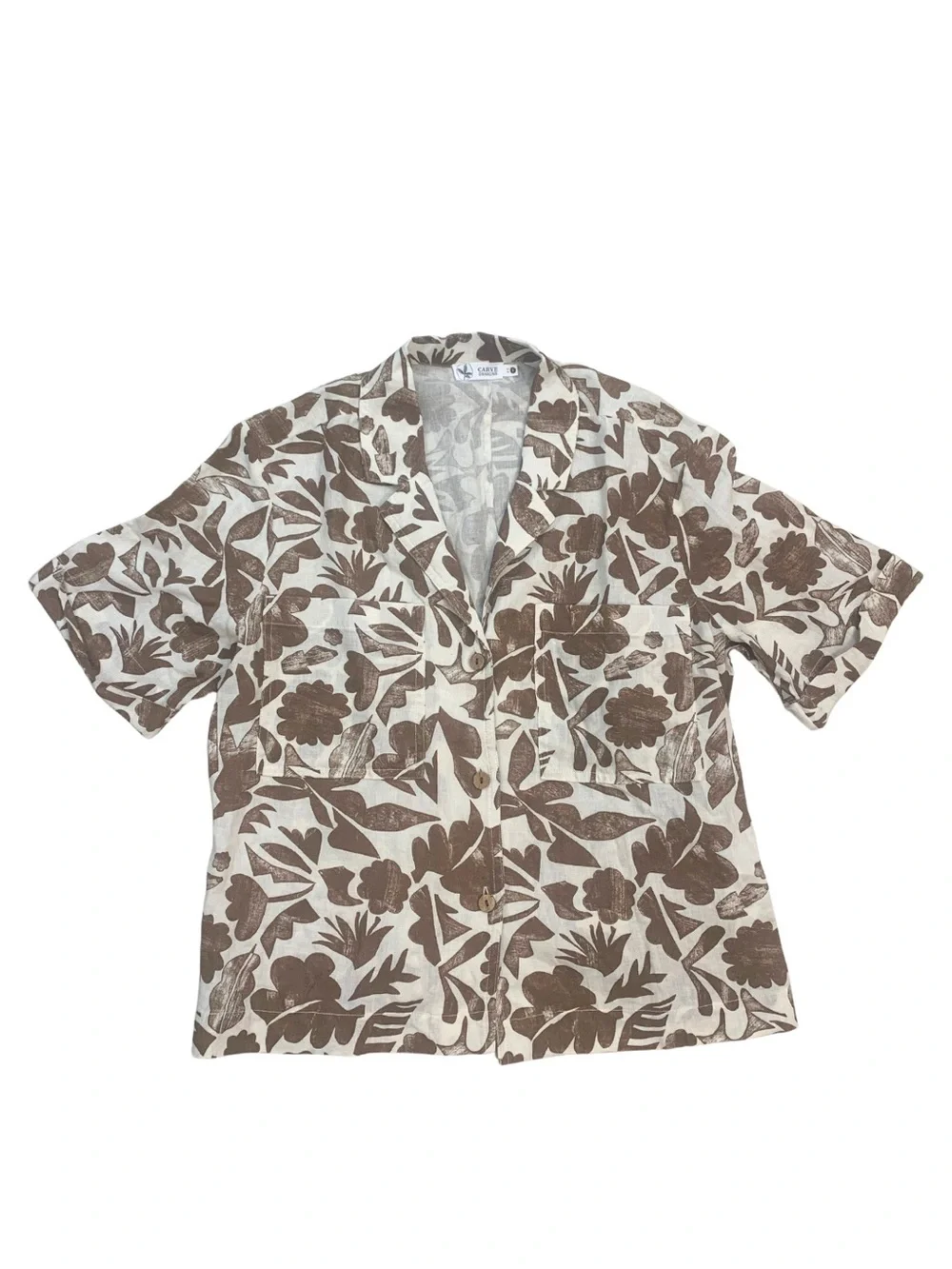 Carve Designs Cream Brown Floral Print Linen Shirt Sleeves Beach Getaway Resort
